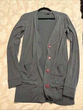 BDG Gray Long Cardigan with Maroon Buttons